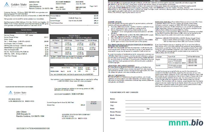 Szablon rachunku za media w USA Golden State Water Firma w formatach Word i PDF, 2 strony
